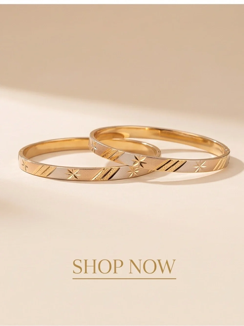 Gold Stainless Steel Bangle Bracelet Set - Elegant Star Accents